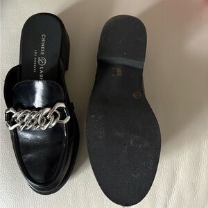 Chinese Laundry Black Patent Slip-On Mules with Silver Chain